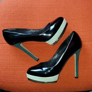 Black patent leather mixed w/teal platform heels